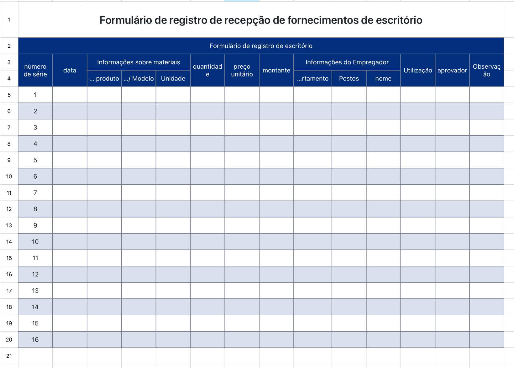 Formulário de registro de recepção de fornecimentos de escritório